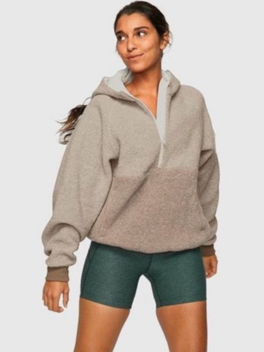 Outdoor Voice Mega Teddy Bear Fleece Half Zip  Hoodie Oatmeal Tan